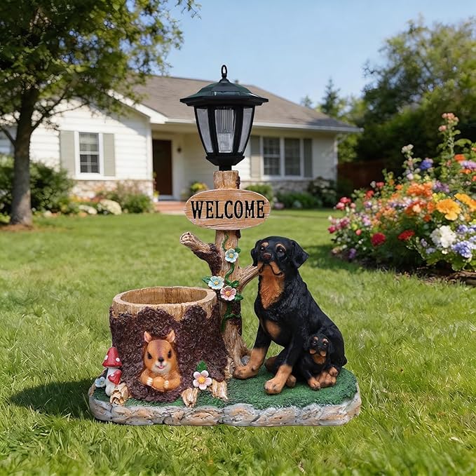 20" Solar rottweiler Garden Statue with Welcome Sign & Planter - Large Dog Sculpture with LED Street Lantern - Weatherproof Resin Decorative Flower Pot for Porch, Yard & Patio - Pet Lover Gift