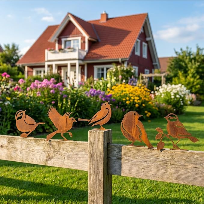 Rusty Metal Birds Garden Wrens Decor Set of 5 - Vintage Yard Art for Fence & Outdoor Rustic Bird Statues, Life-Size Wren Silhouettes, Weather-Resistant Metal Birds for Garden, Patio, and Home Decor