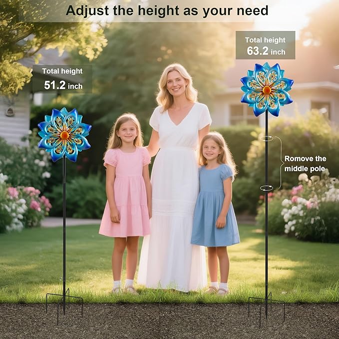 Solar Wind Spinners Outdoor - H60xW13 Metal Yard Art Kinetic Wind Spinners with Colorful LED Crackle Ball, Peacock-Style Windmill for Yard Lawn Garden Decor, Gardening Gifts for Women
