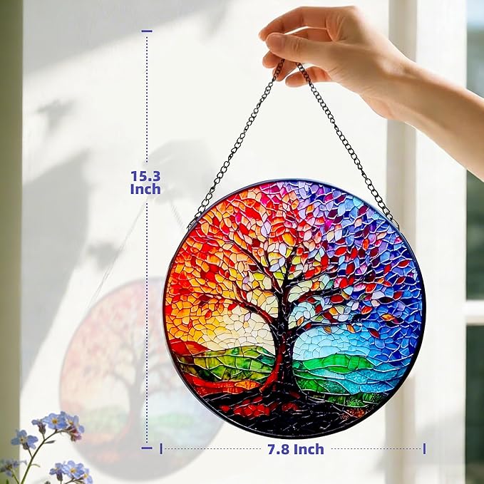 Stained Glass Tree of Life Suncatcher - 7.8In Handcrafted Window Hanging & Wall Art for Home, Living Room, Garden & Outdoor Porch Decor - Birthday, for Women Mom Teacher
