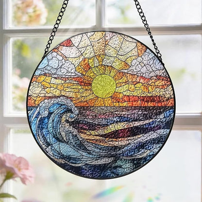 Stained Glass Window Hanging, 8 Inch Ocean Waves Suncatcher, Sun Catchers Indoor Window, Beach Suncatchers for Windows Hanging, Spring Home Garden Decor Panel Mothers Day Birthday Gift for Mom Grandma