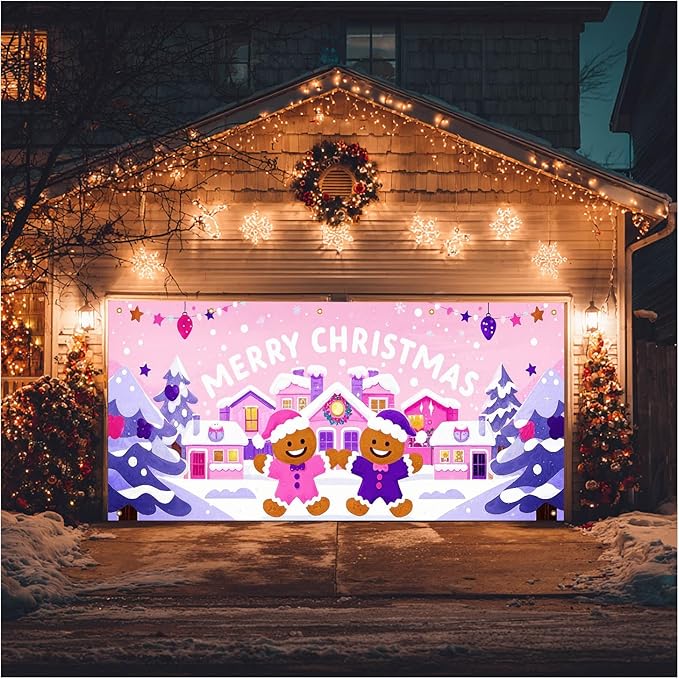 HOMETITUTE Christmas Garage Door Banner 13x6ft Pink House Gingerbread Man Backdrop with Purple Xmas Trees Snowflakes Star Lights Merry Xmas Sign Outdoor Yard Decoration