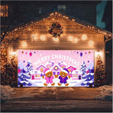 HOMETITUTE Christmas Garage Door Banner 13x6ft Pink House Gingerbread Man Backdrop with Purple Xmas Trees Snowflakes Star Lights Merry Xmas Sign Outdoor Yard Decoration