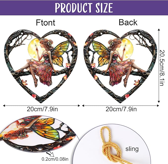 1PC Flower Fairy Acrylic Stained Glass Suncatcher Nature Heart-Shaped Magic and Butterfly Girls Suncatcher Hanging Decoration with Cord SunCatchers for Window Decor Outdoor Garden Decor Gift (red)