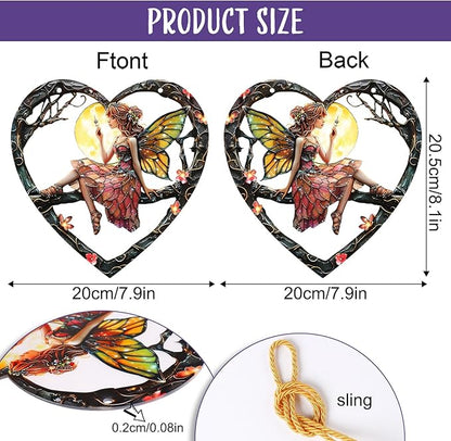 1PC Flower Fairy Acrylic Stained Glass Suncatcher Nature Heart-Shaped Magic and Butterfly Girls Suncatcher Hanging Decoration with Cord SunCatchers for Window Decor Outdoor Garden Decor Gift (red)