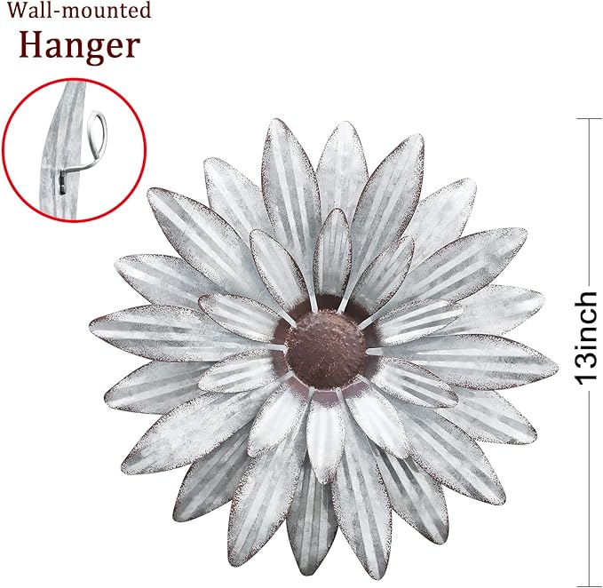 Galvanized Farmhouse Metal Flowers Wall Decor Inspirational,Wall Decor Hanging for Indoor Outdoor Home Bedroom Living Room Office Porch Patio Garden Fence 13Inch,Handmade Gift, Set of 2