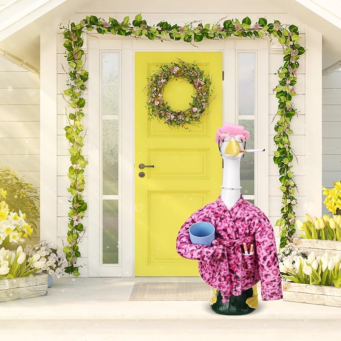 23 Inch Porch Goose Statue Outfits Set Pink Leopard Porch Goose Bathrobe Costumes with Clothes & Accessories for Patio Yard Garden Lawn Outdoor Decoration