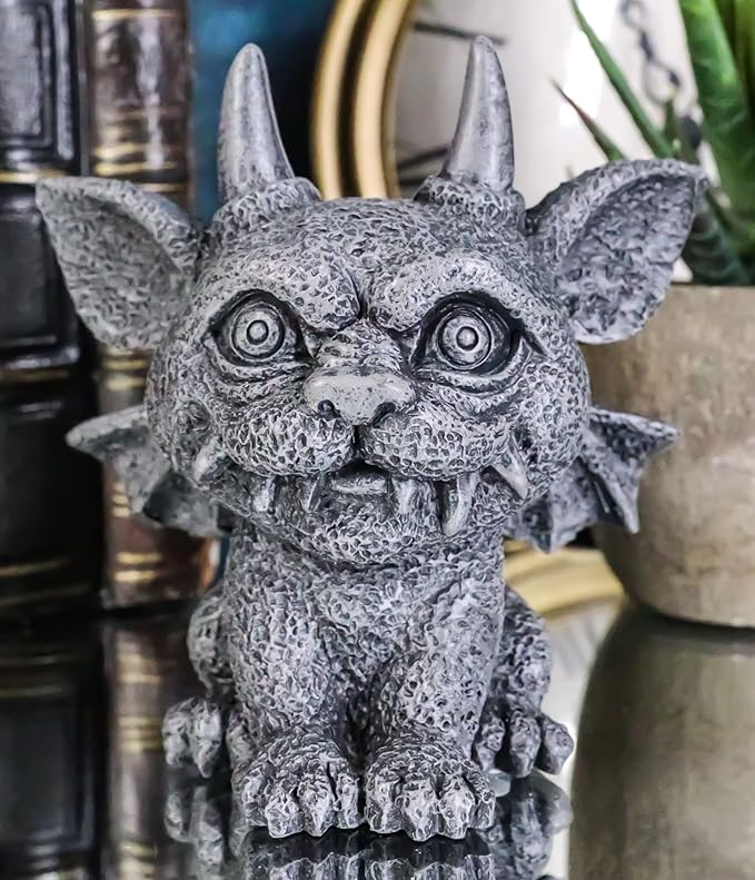 Ebros Gothic Horned Bat Cat Gargoyle Bast Figurine Small Mythical Fantasy Decor Statue 3.25" Tall As Talisman of Protection Fairy Garden Accessory DIY Renaissance Or Medieval Collectible