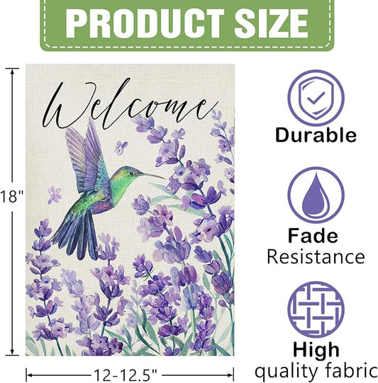 Dyrenson Welcome Spring Summer Hummingbird Lavender Decorative Garden Flag, Purple Flower Floral Yard Outside Home Decorations, Seasonal Burlap Outdoor Small Decor Double Sided 12 x 18