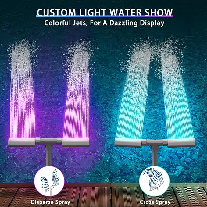 Pool Fountain for In-ground Pool and Above Ground Pools, Dual Spray Adjustable Pool Sprinkler Waterfall with 16-Colors LED Lights and 10 Modes for Outdoor Yard Decoration, RF Remote and App Control