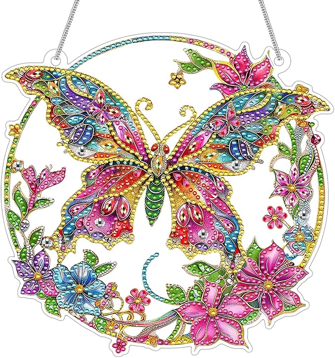 RDCREW DIY Butterfly Diamond Art Wreath Kits - Special Shaped Rhinestone Diamond Painting Suncatcher Hanging Ornament Window Pendants Gift for Home Garden Wall Indoor Outdoor Decor, Small