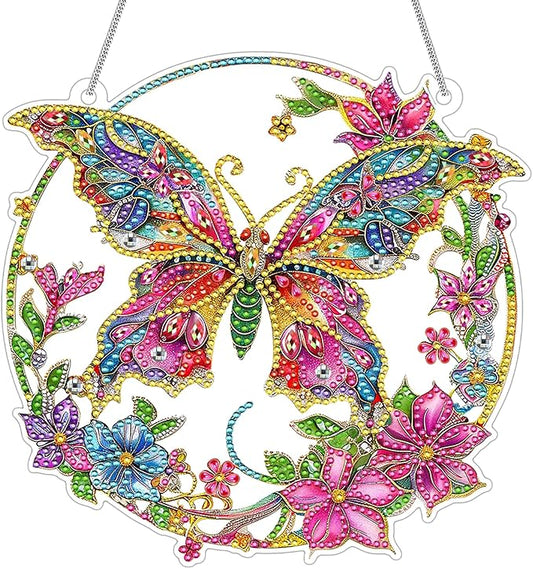 RDCREW DIY Butterfly Diamond Art Wreath Kits - Special Shaped Rhinestone Diamond Painting Suncatcher Hanging Ornament Window Pendants Gift for Home Garden Wall Indoor Outdoor Decor, Small
