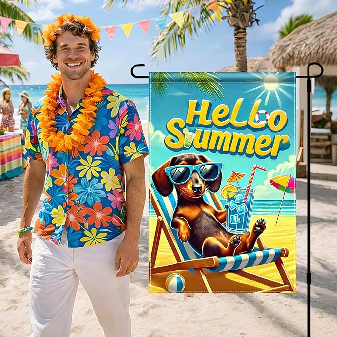 HOMETITUTE Hello Summer Garden Flag Dachshund Dog Flag 12x18 Inch Double Sided Summer Dachshund Garden Flag Sea Beach Seasonal Yard Flag for Outside Decoration Small Seasonal Decor for Farmhouse Holiday