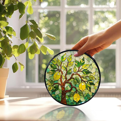 Italian Lemon Kitchen Suncatchers Stained Glass Window Hanging, Lemon Kitchen Decor, Summer Mediterranean Sun Catchers Indoor Window Glass Round Wall Decor, Italian Wall Hanging, 7.9x7.9in