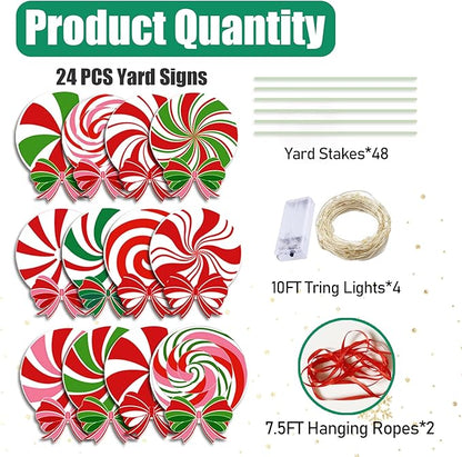 24 PCS Christmas Outdoor Yard Signs Candy Decorations Outdoor Peppermint LED lights Xmas Yard Stakes Hanging Ornaments Holiday Garden Sign