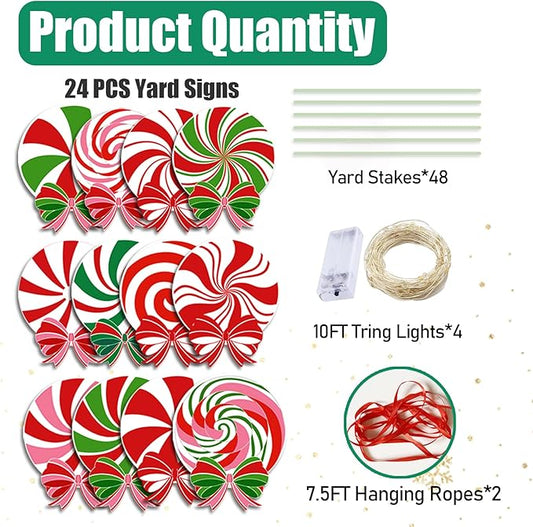 24 PCS Christmas Outdoor Yard Signs Candy Decorations Outdoor Peppermint LED lights Xmas Yard Stakes Hanging Ornaments Holiday Garden Sign