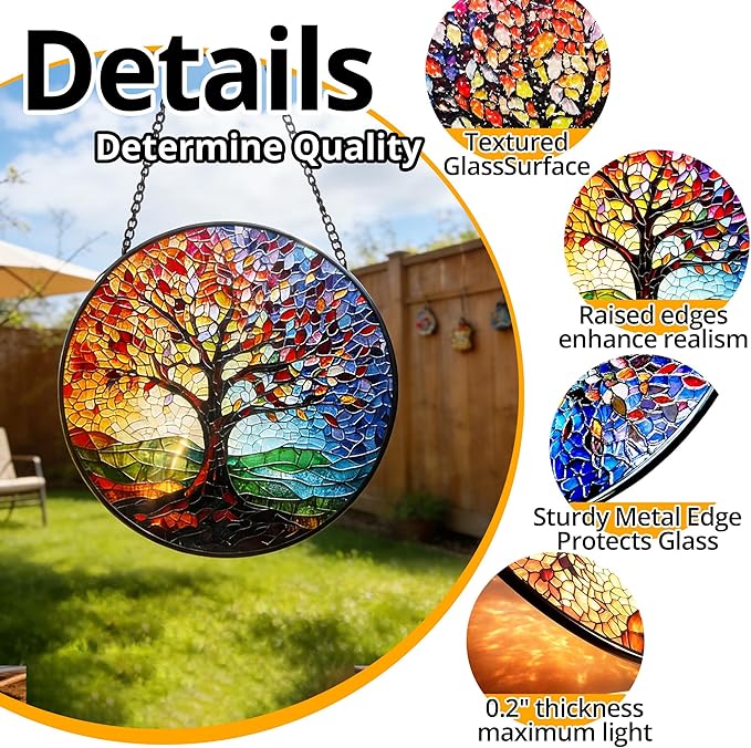 Stained Glass Tree of Life Suncatcher - 7.8In Handcrafted Window Hanging & Wall Art for Home, Living Room, Garden & Outdoor Porch Decor - Birthday, for Women Mom Teacher