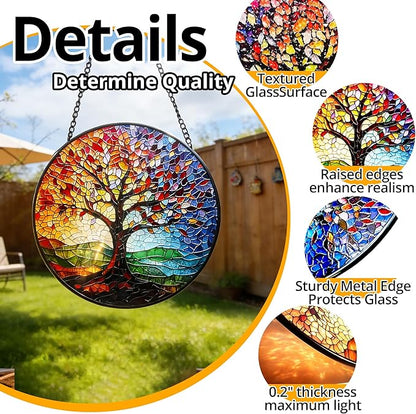 Stained Glass Tree of Life Suncatcher - 7.8In Handcrafted Window Hanging & Wall Art for Home, Living Room, Garden & Outdoor Porch Decor - Birthday, for Women Mom Teacher