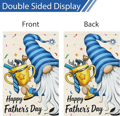 Heyfibro Happy Father's Day Gnome Garden Flag 12x18 Double Sided Burlap, with Tool Trophy Blue Striped Yard Banner for Best Dad Spring Outside Outdoor House Fathers Day Decoration (ONLY FLAG)