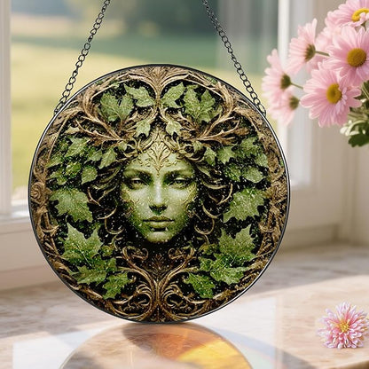 Green Man Stained Glass Suncatcher, Stained Glass Window Hanging, 8 Inch Window Decor Hanging, Gift for Garden Lovers, Mothers Day Birthday Gifts for Mom Grandma Women Sister Wife Lady Lover
