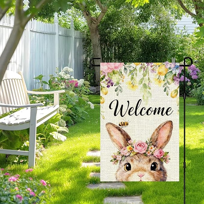 IVN Easter Bunny Garden Flag 12x18 Welcome Cute Bunny Face Floral Crown Roses Spring Flowers Bee Watercolor Double Sided Yard House Flag Seasonal Outdoor Decoration for Outside Home Front Door Lawn Porch Patio Welcome Spring Decor