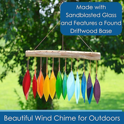 Blue Handworks Rainbow Glass Chime, Sandblasted Glass and Found Wood Handcrafted Wind Chime