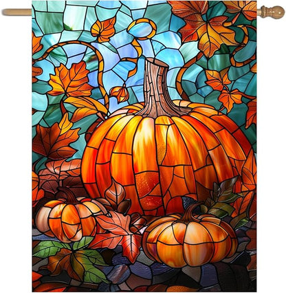 Pumpkin Fall Garden Flag Autumn flags 28x40 Double Sided Large Stained Glass Thanksgiving House Flag Harvest Yard Flag for Outside Porch Lawn Decor