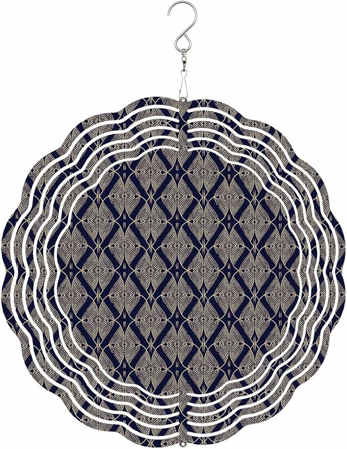 Stainless Steel Wind Spinner for Yard Garden Decoration, Navy Gold Geo Pattern Round Wind Sculpture Spinner 3D Crafts Hanging Ornaments for Indoor Outdoor, 8 Inch