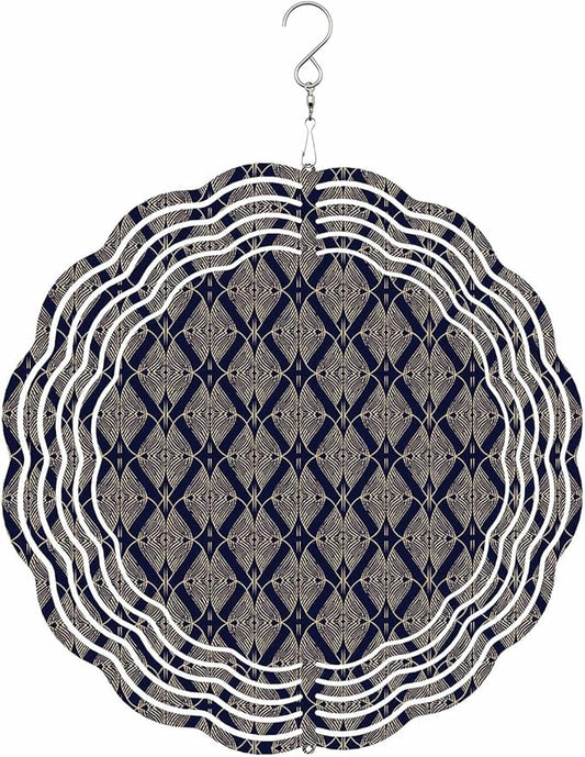 Stainless Steel Wind Spinner for Yard Garden Decoration, Navy Gold Geo Pattern Round Wind Sculpture Spinner 3D Crafts Hanging Ornaments for Indoor Outdoor, 8 Inch
