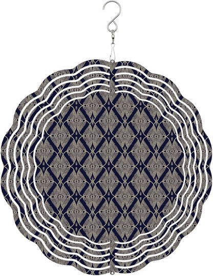 Stainless Steel Wind Spinner for Yard Garden Decoration, Navy Gold Geo Pattern Round Wind Sculpture Spinner 3D Crafts Hanging Ornaments for Indoor Outdoor, 8 Inch