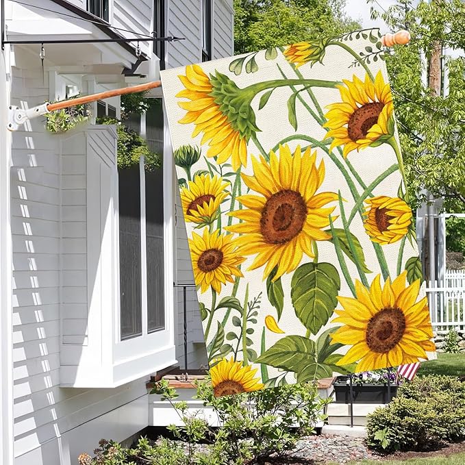 Baccessor Spring Summer Sunflower House Flag 28 x 40 Inch Double Sided Burlap Summer Yellow Flower Green Leaf Farmhouse Large Yard Flag Summer Holiday Seasonal Outdoor Outside Decoration