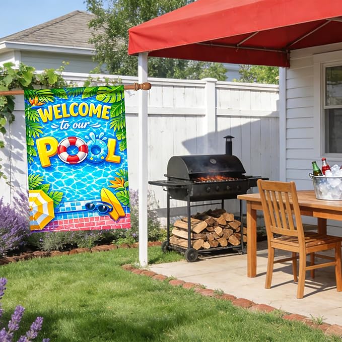 Nuxovilar Large Summer Garden Flag Welcome Pool Float Surf Board Pattern Polyester 28×40 Inches Garden Flags for Outside Poolside Decor Yard Porch