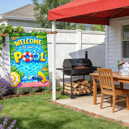 Nuxovilar Large Summer Garden Flag Welcome Pool Float Surf Board Pattern Polyester 28×40 Inches Garden Flags for Outside Poolside Decor Yard Porch