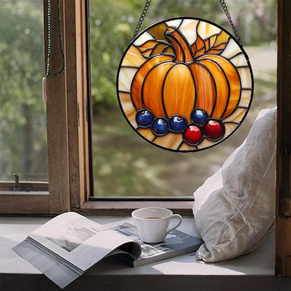 DASTOLL Stained Glass Window Hanging Fall Pumpkin Berries Large 15" - Suncatcher Door Garden Kitchen Sunroom Sun Catcher Autumn Home Decor Birthday for Mom Grandma Men Woman