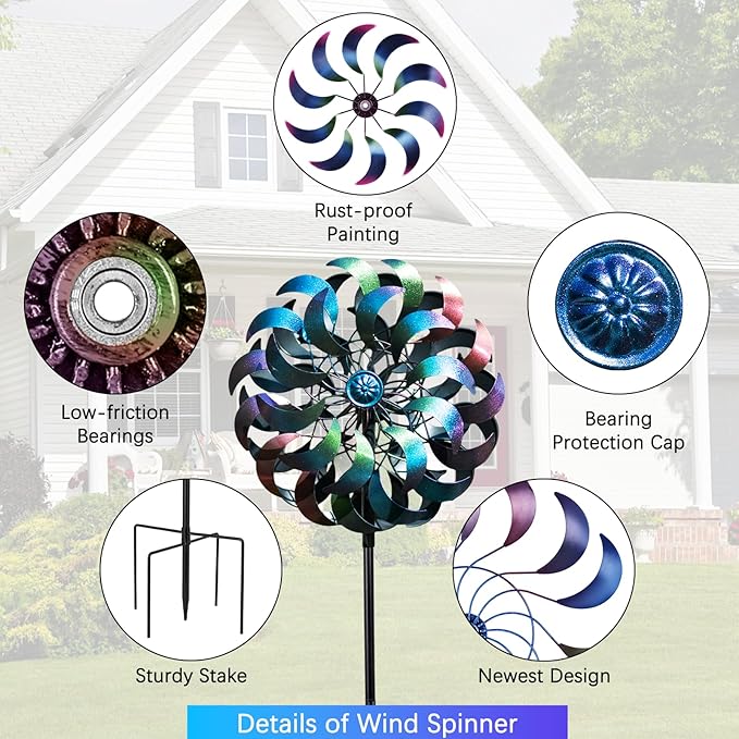 Wind Spinners Outdoor,64.2Inch 360°Rotating Crescent Windmill for Yard, Garden Wind Spinner with Blue Green Purple Gradient Blades, Weatherproof Metal Garden Decor