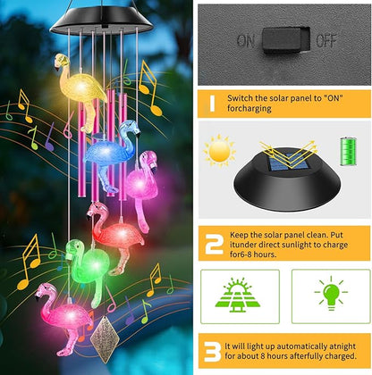 Solar Powered Flamingo Wind Chimes with 4 Music Aluminum Tubes, Flamingo Wind Chimes for Outside,Best Gifts for Mom Grandma Women Wife Aunt Sister, Unique Mobile Wind Chime, Garden Yard Decor