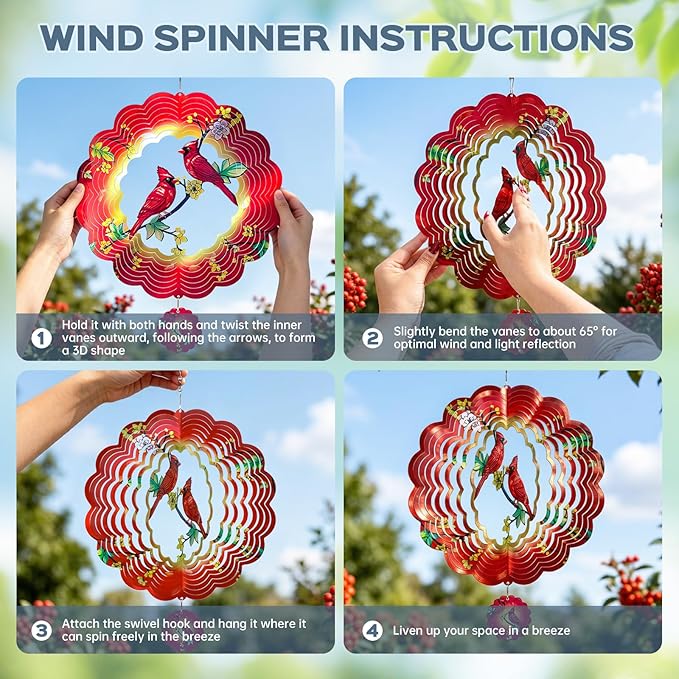 Cardinal Wind Spinner, IDEA SHOW 12Inch Metal 3D Kinetic Metal Wind Spinners, Cardinal Gift for Women, Mom, Garden & Yard Decor Outdoor/Indoor Decoration, Dynamic Art Hanging Sculpture (12In-Cardinal)