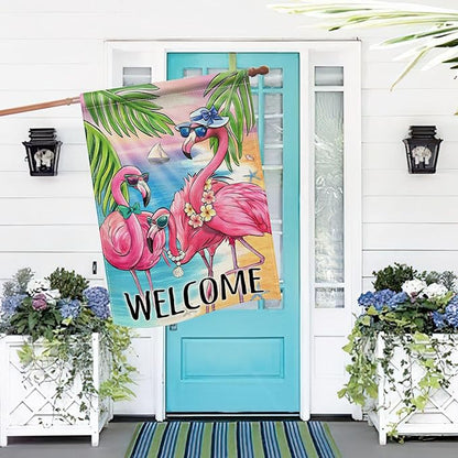 Dyrenson Welcome Summer Flamingo 28 x 40 House Flag Double Sided, Beach Coastal Tropical Palm Leaves Garden Yard Decoration, Hawaii Nautical Seasonal Burlap Outdoor Décor Decorative Large Flag
