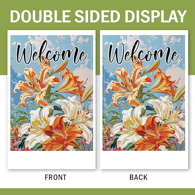 Welcome Spring Summer Lily Flower Decorative Garden Flag, Floral Botanical Small Yard Outside Decorations, Seasonal Burlap Outdoor Home Decor Double Sided 12 x 18