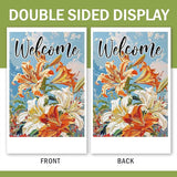 Welcome Spring Summer Lily Flower Decorative Garden Flag, Floral Botanical Small Yard Outside Decorations, Seasonal Burlap Outdoor Home Decor Double Sided 12 x 18