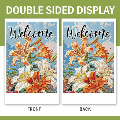 Welcome Spring Summer Lily Flower Decorative Garden Flag, Floral Botanical Small Yard Outside Decorations, Seasonal Burlap Outdoor Home Decor Double Sided 12 x 18