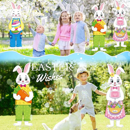 Umigy 3 Pcs Easter Yard Decor Outdoor Bunny Sign with Stakes, Spring 10 x 32 Inch Cute Bunny Egg Carrot Garden Decorations for Party Supplies Prop Patio Lawn
