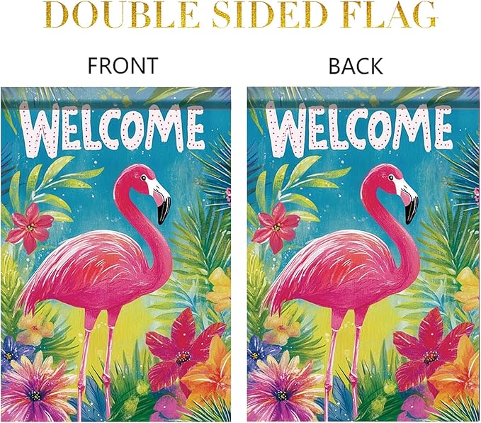Spring Summer Garden Flag 12x18 Inch Welcome Flamingo Tropical Floral Jungle Design Outdoor Yard Porch Lawn Garden for Seasonal Coastal Farmhouse Home Decor