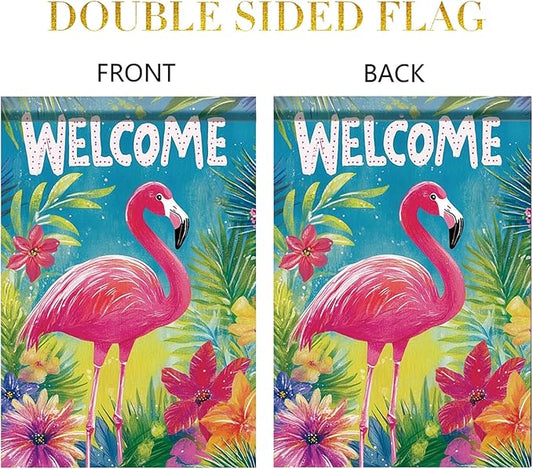 Spring Summer Garden Flag 12x18 Inch Welcome Flamingo Tropical Floral Jungle Design Outdoor Yard Porch Lawn Garden for Seasonal Coastal Farmhouse Home Decor