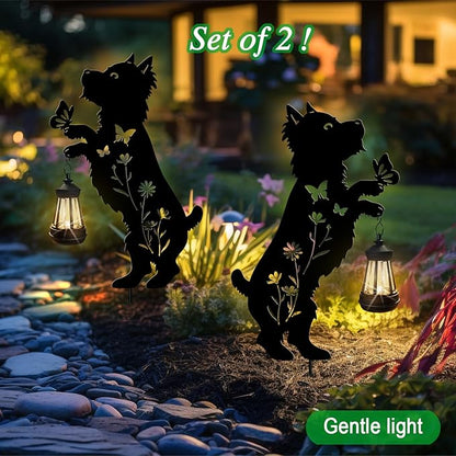 Solar Lights Outdoor Pathway,2 Pack Metal Yorkie Decor with Solar Lantern Garden Stakes,Outside Decorations for Yard,Lawn,Patio,Perfect Dog Gifts for Women