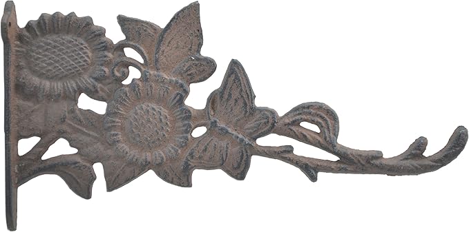 Butterflies & Sunflowers Decorative Brown Cast Iron Plant Hanger Hook 11.125" Deep Indoor or Outdoor