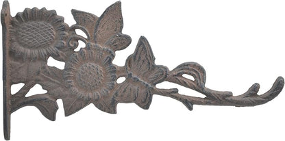 Butterflies & Sunflowers Decorative Brown Cast Iron Plant Hanger Hook 11.125" Deep Indoor or Outdoor