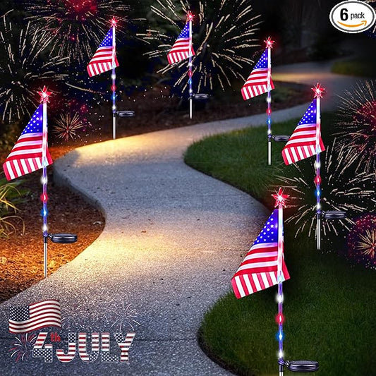 6 Pack Solar American Flag Lights Outdoor, 4th of July Decorations Outdoor, Waterproof Solar Flag Patriotic Lights for Yard, Garden, Pathway, Independence Day, 250th Anniversary (Red White and Blue)
