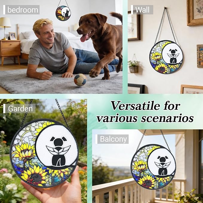 Stained Glass Window Hanging - 6.3 Inch Dog Memorial Suncatcher, Dog Ornament for Window Home Door Wall Garden Outdoor in Loving Memory for Loss, Loss of Dog Sympathy Gifts for Adults Women Men