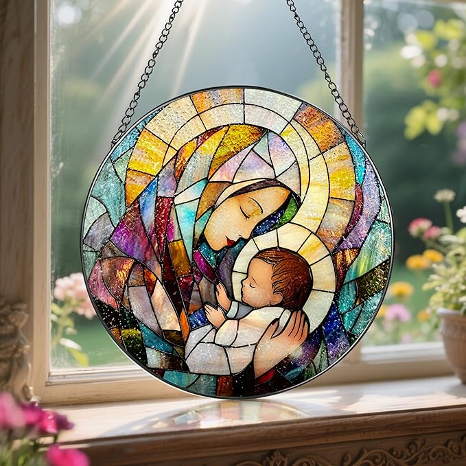 Baby Jesus and The Holy Mother Mary Sun Catcher, 8 Inch Stained Glass Window Hanging, Stained Glass Decor, Christian Home Decor, Christian Gifts for Women, Religious Gifts for Women